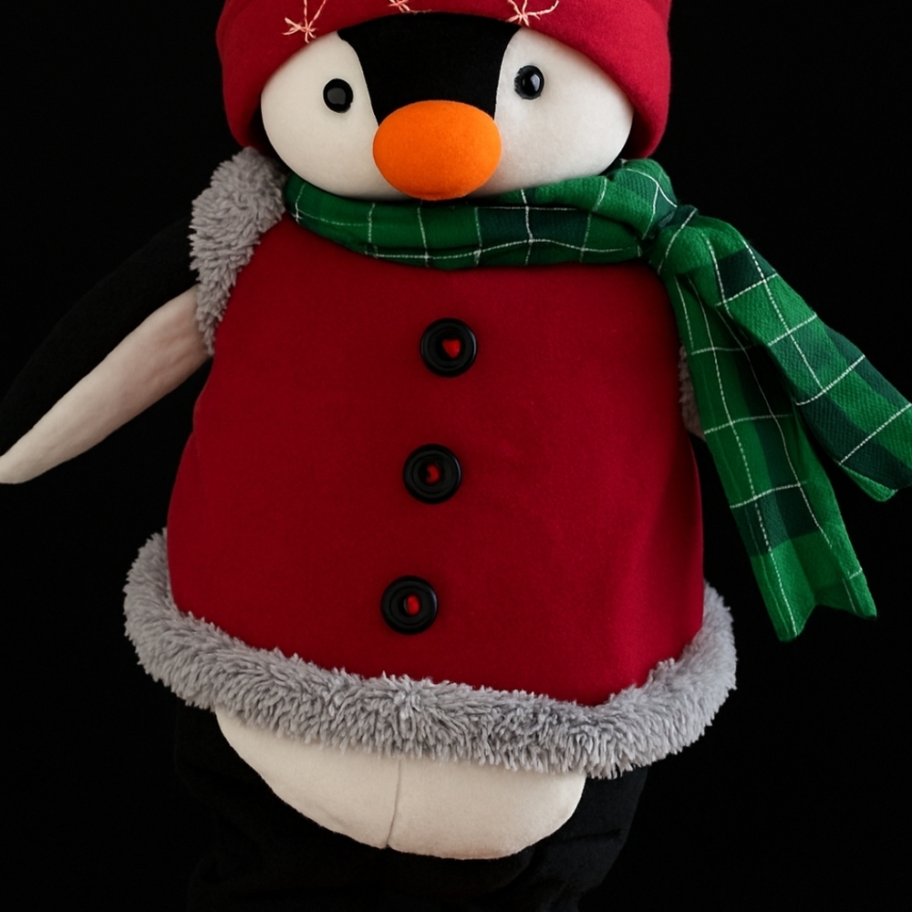 Festive Penguin Plush with Red Vest and Green Scarf